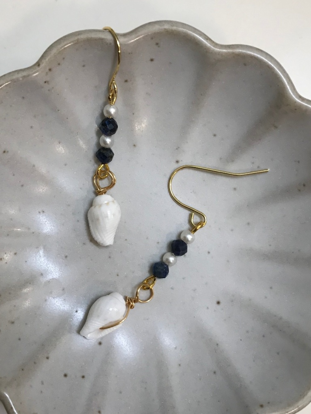 Seashell Dangle Earrings with Lapis Lazuli and Faux Pearl